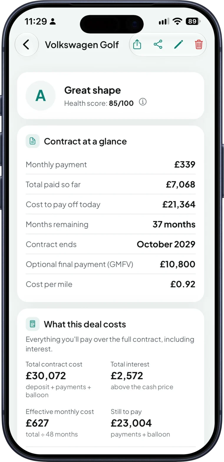 EquityGo contract screen showing monthly payment, cost to pay off today, total contract cost and total interest